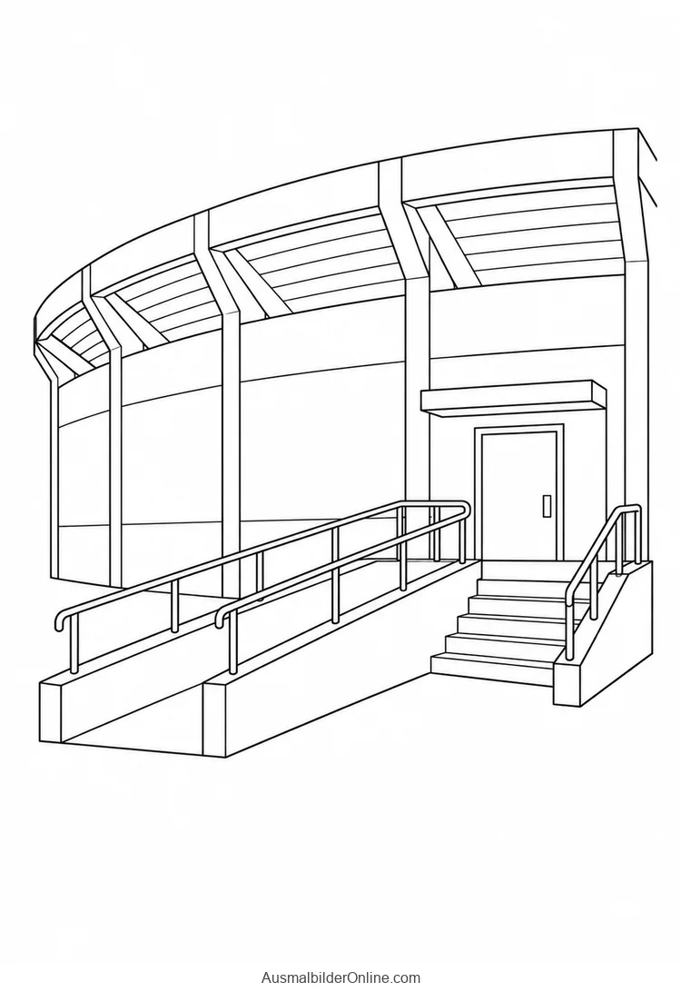 Eine Rampe mit Geländern und eine Treppe führen zu einer Stadioneingangstür