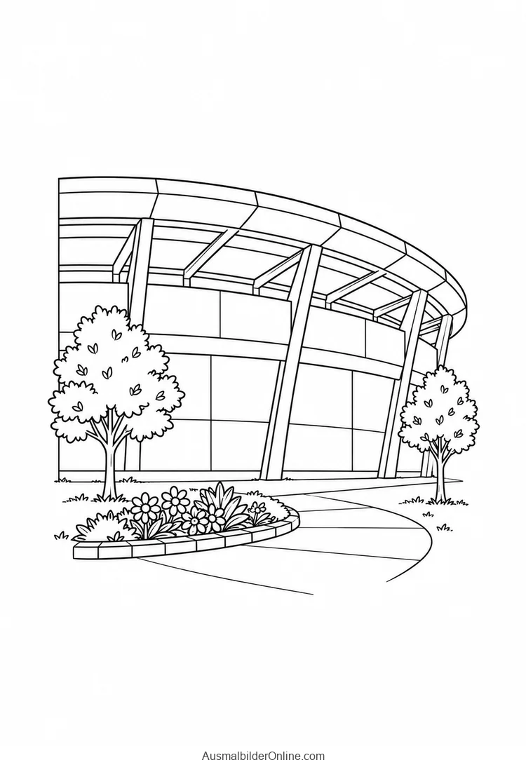 Vor einer Stadionfassade wachsen Blumen und belaubte Bäume