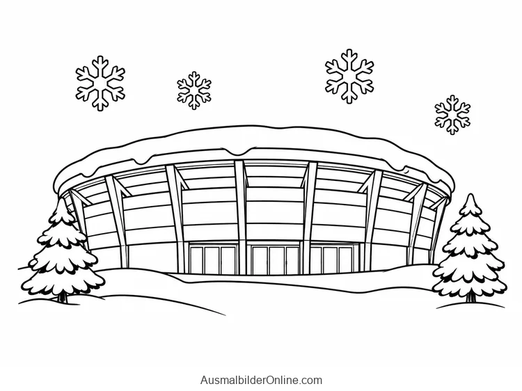 Ein Stadion steht zwischen verschneiten Tannen unter Schneeflocken