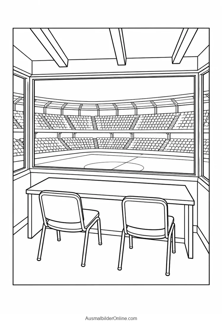 Ein Raum mit Tisch und zwei Stühlen bietet durch ein großes Fenster Blick auf ein Stadion