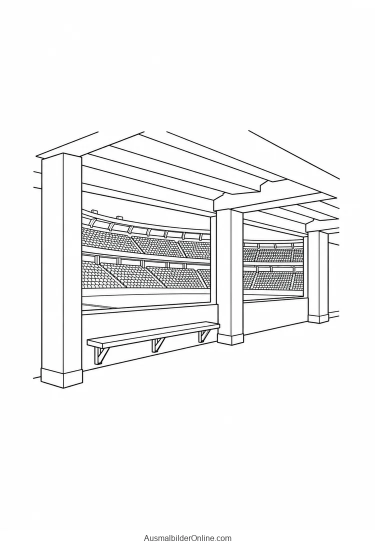 Ein überdachter Stadiongang mit Stützen und Bank öffnet sich zu den Tribünen