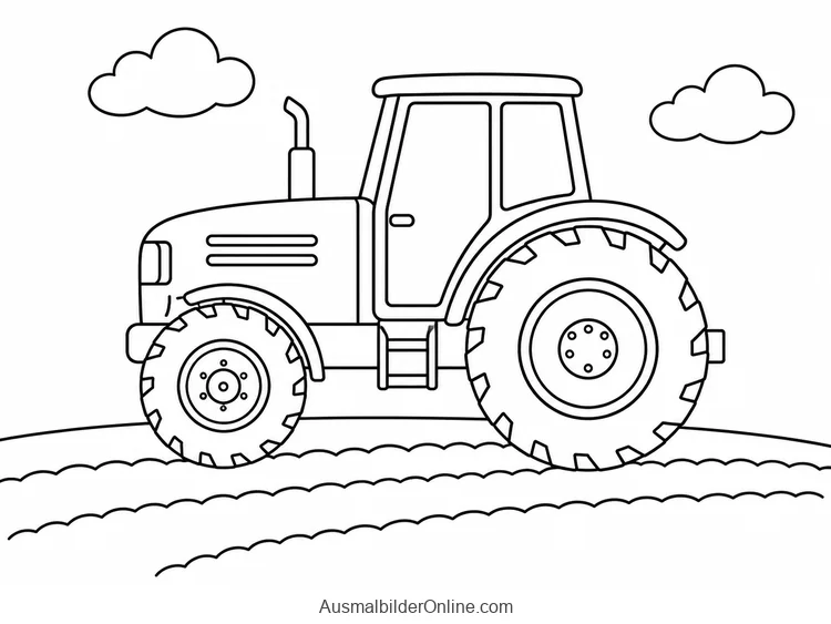 Ein Traktor mit großer Kabine steht auf einem Feld mit welligen Furchen unter zwei Wolken.