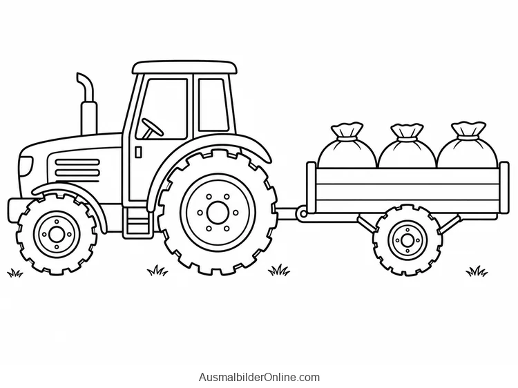 Ein Traktor zieht einen einachsigen Anhänger mit drei Säcken in Seitenansicht.
