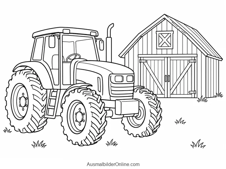Ein Traktor mit großen Profilreifen steht vor einer hölzernen Scheune mit geschlossenen Toren.