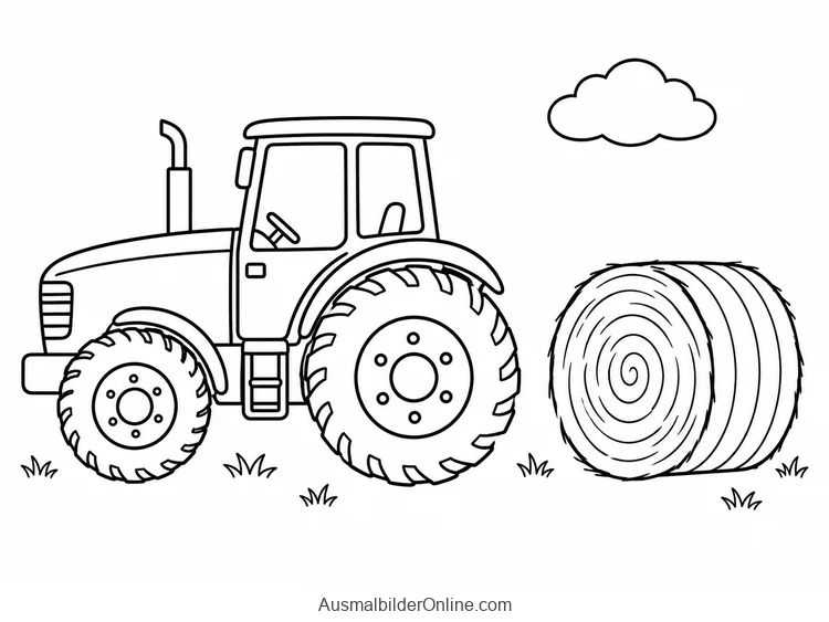 Ein Traktor steht neben einem runden Heuballen unter einer Wolke.