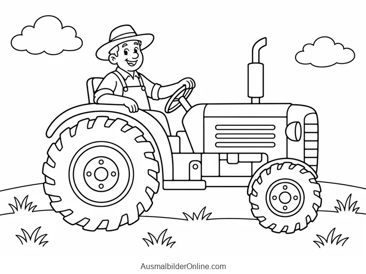 Ein lächelnder Bauer mit Hut sitzt am Steuer eines offenen Traktors auf einem Feld.