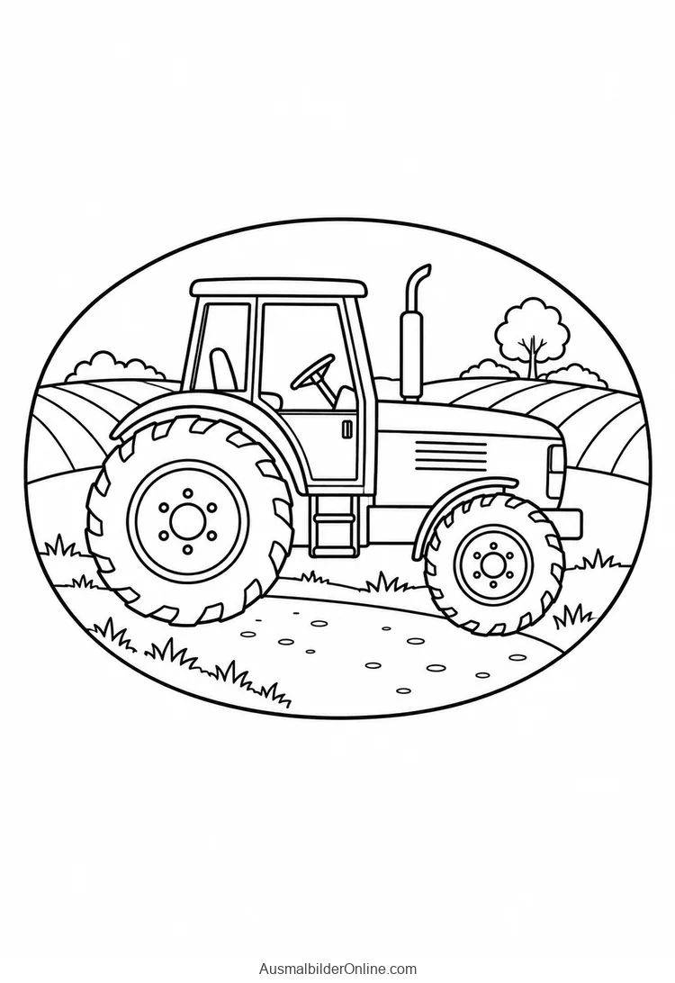 Ein Traktor steht auf einem Feldweg vor Ackerflächen und einem Baum in einem runden Bildausschnitt.