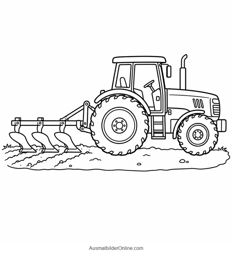 Ein Traktor zieht einen Pflug mit drei Pflugscharen durch einen Acker.