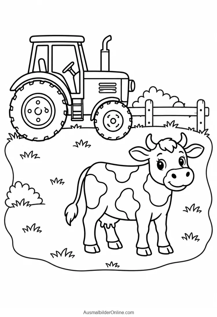 Eine gefleckte Kuh steht auf einer Wiese vor einem Traktor und einem Holzzaun.