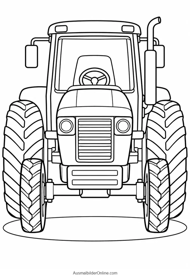 Ein Traktor in Frontansicht zeigt seine Kabine, runden Scheinwerfer und großen Profilreifen.