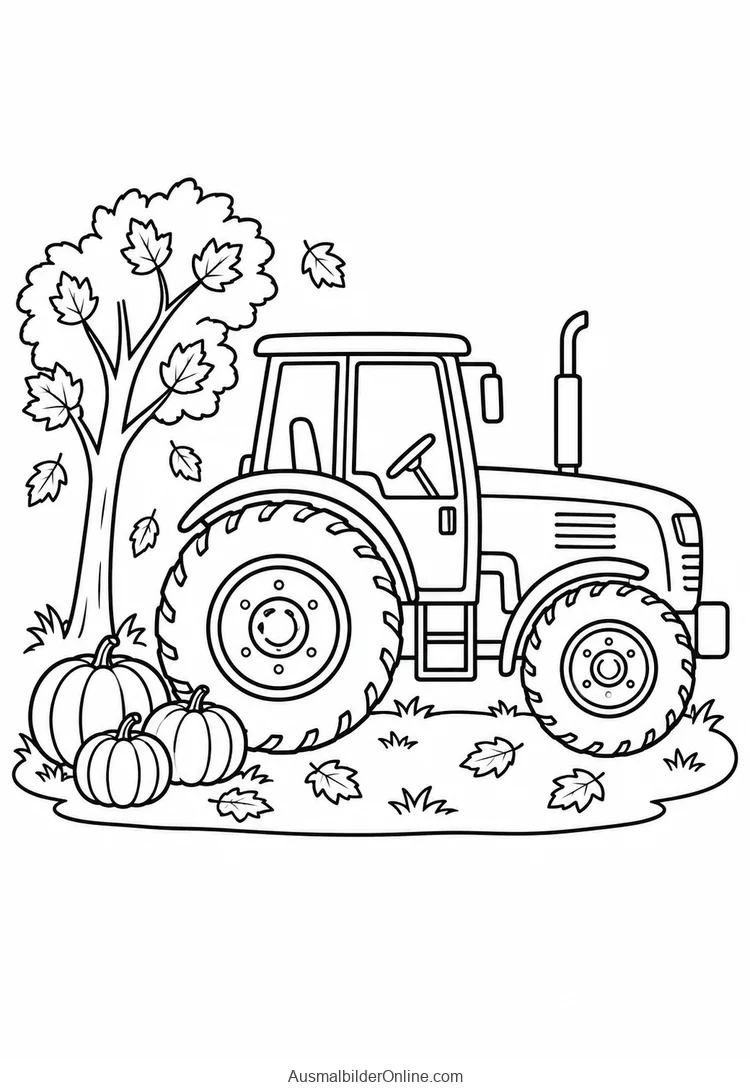 Ein Traktor steht neben drei Kürbissen und einem Baum mit fallenden Herbstblättern.