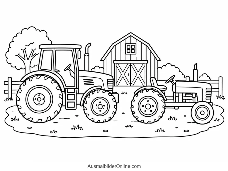 Ein großer Traktor mit Kabine und ein kleiner offener Traktor stehen vor einer Scheune auf einem Bauernhof.