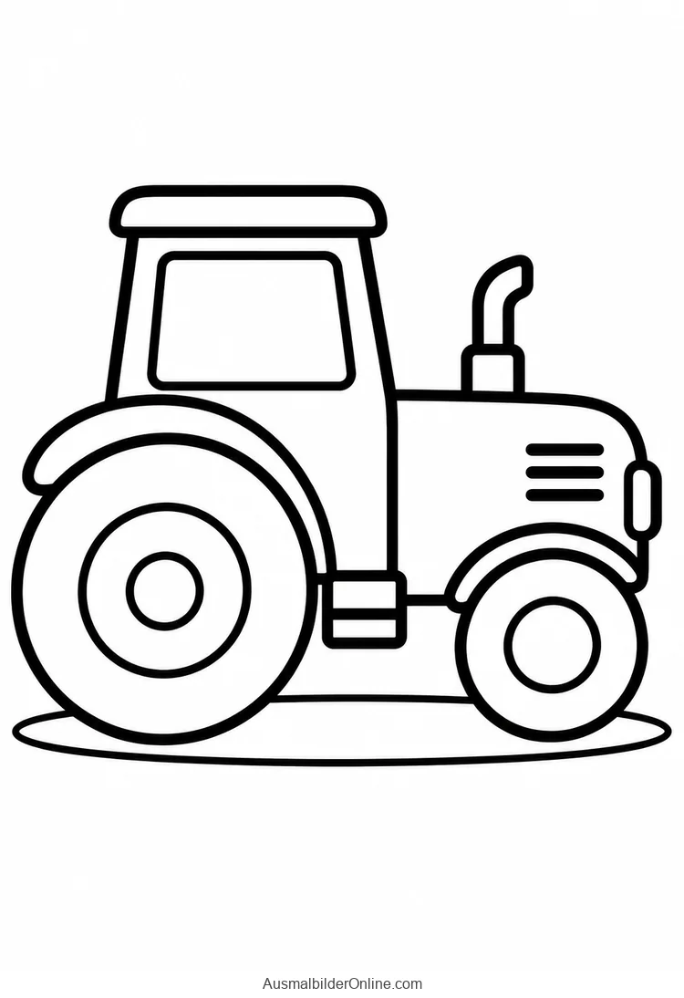 Ein besonders einfacher Traktor in Seitenansicht hat dicke Konturen, eine Kabine und zwei große runde Räder.