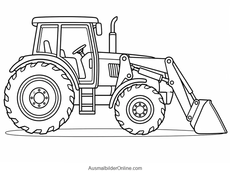 Ein Traktor mit Frontlader trägt eine abgesenkte leere Schaufel vor seinen Profilreifen.