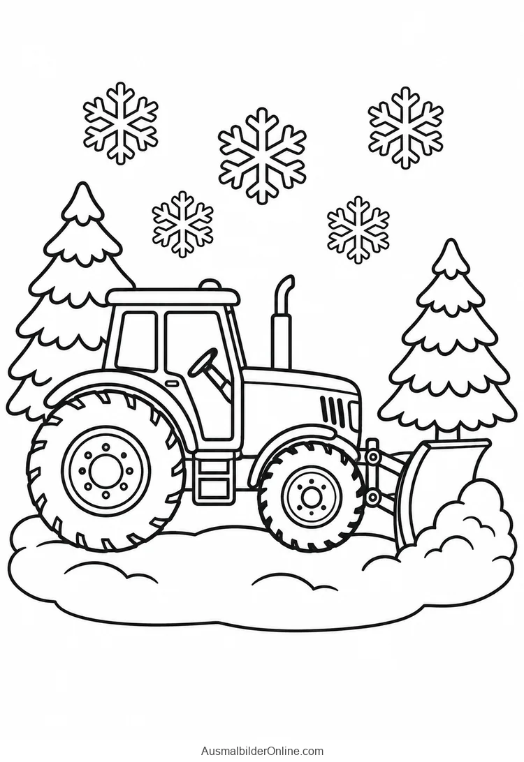Ein Traktor mit Schneepflug schiebt Schnee zwischen zwei Tannen unter großen Schneeflocken.