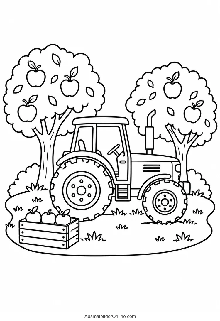 Ein Traktor steht zwischen zwei Apfelbäumen neben einer Holzkiste mit drei Äpfeln.