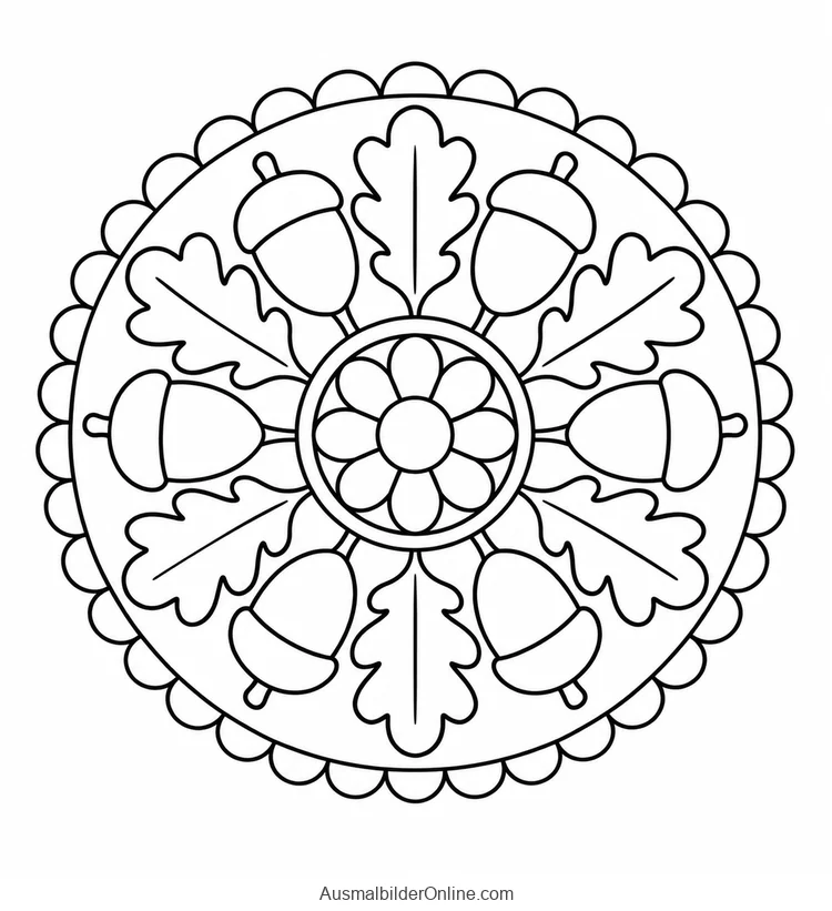 Herbstmandala mit Eicheln und breiten Eichenblättern