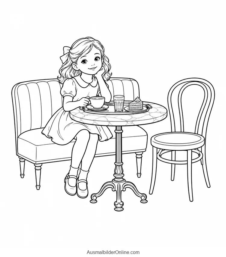 Ein Mädchen sitzt an einem Kaffeehaustisch mit Tasse, Wasserglas und Kuchen auf einem Tablett