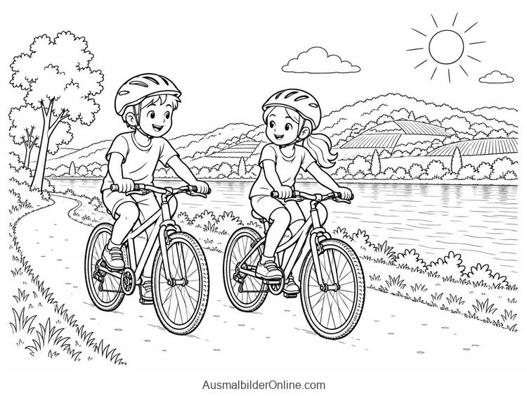 Zwei Kinder mit Fahrradhelmen fahren auf einem Uferweg neben dem Fluss und Weinberghängen