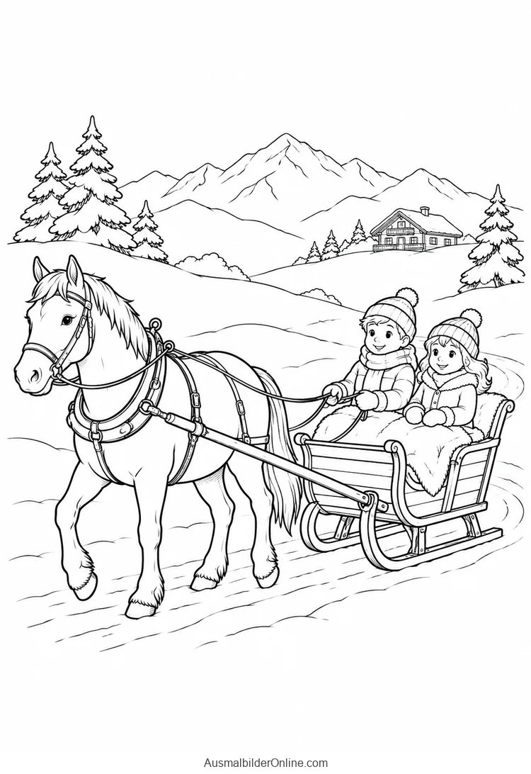 Ein Pferd zieht einen Holzschlitten mit zwei warm gekleideten Personen durch eine verschneite Berglandschaft