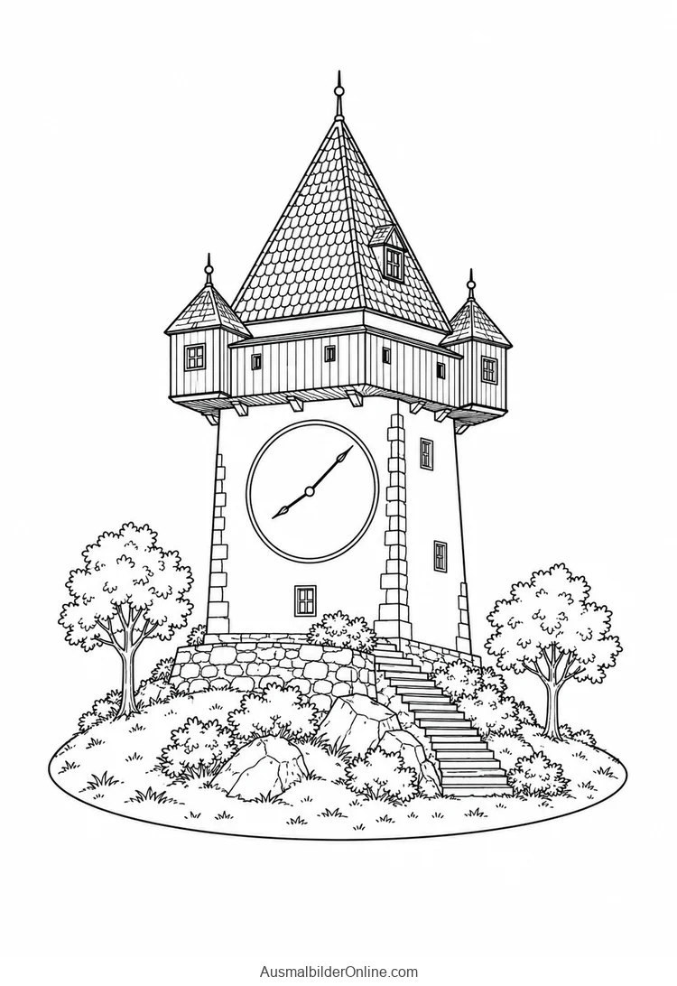 Der Grazer Uhrturm steht mit sichtbarem Zifferblatt auf einem begrünten Hügel neben einer Treppe