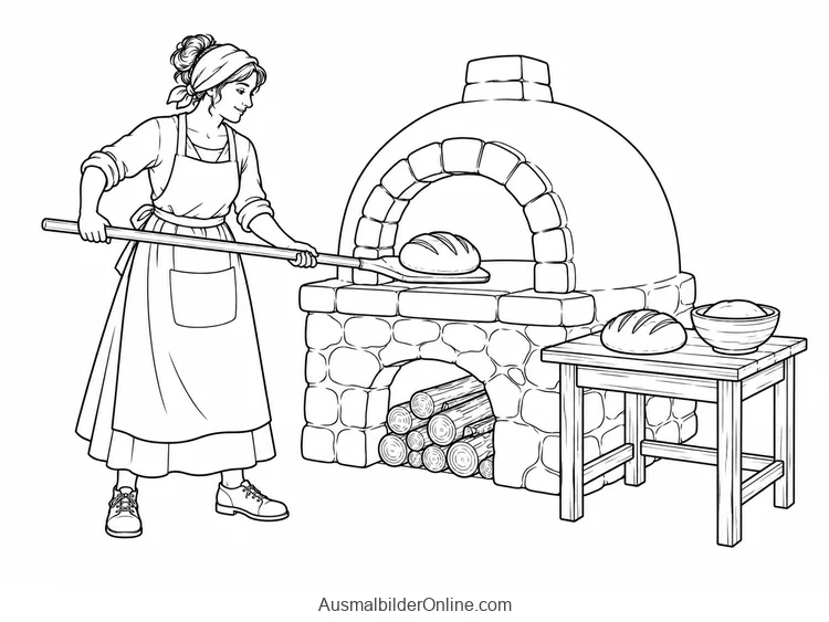 Eine Bäckerin schiebt mit einem langen Brotschieber einen Laib in einen gewölbten Holzofen