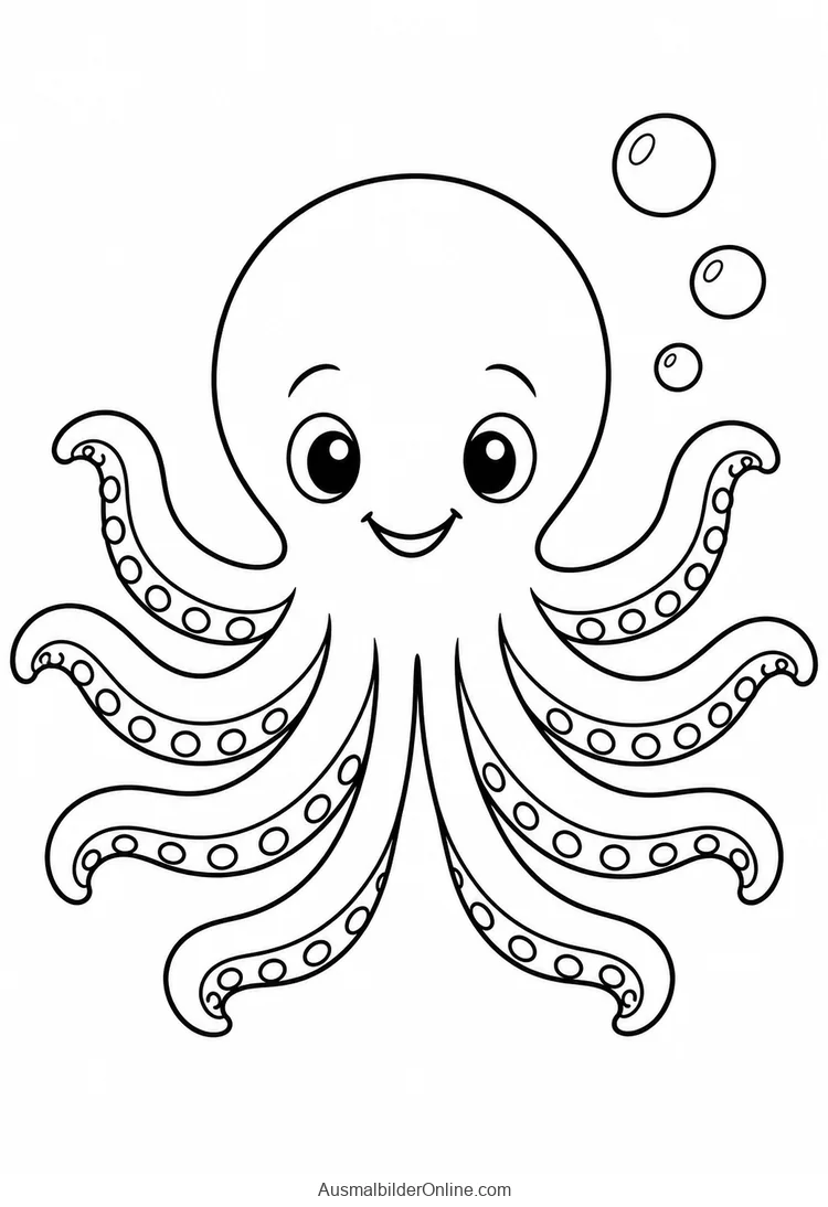 Ein Oktopus mit acht Armen schwimmt zwischen aufsteigenden Blasen.