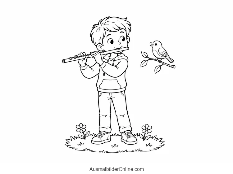 Ein Junge hält eine Querflöte neben einem Vogel auf einem Zweig