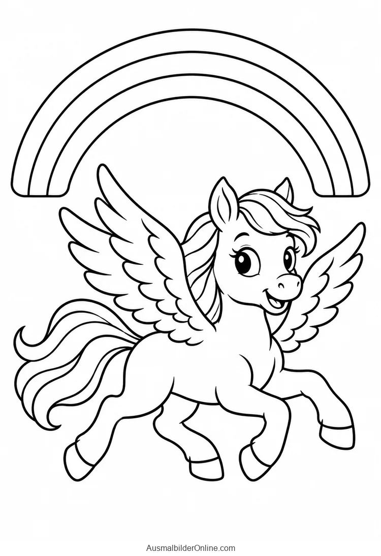 Ein kleiner Pegasus galoppiert mit angewinkelten Flügeln unter einem Regenbogen