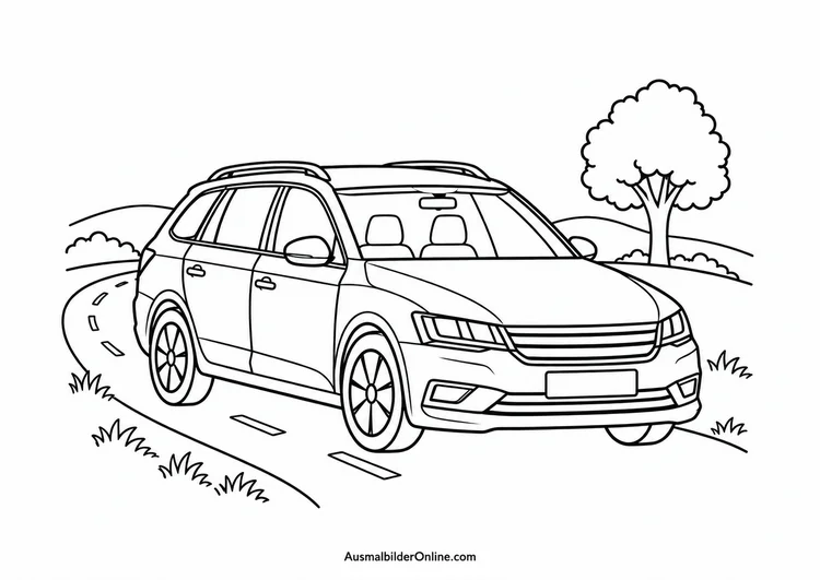 Ein Familienauto fährt auf einer geschwungenen Straße an einem Baum und Hügeln vorbei.