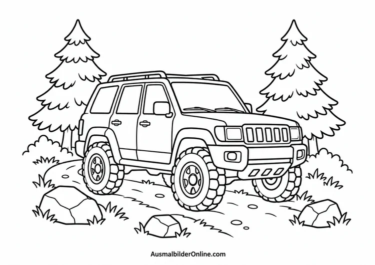 Ein Geländewagen mit großen Reifen fährt zwischen Tannen und Steinen auf einem Waldweg.