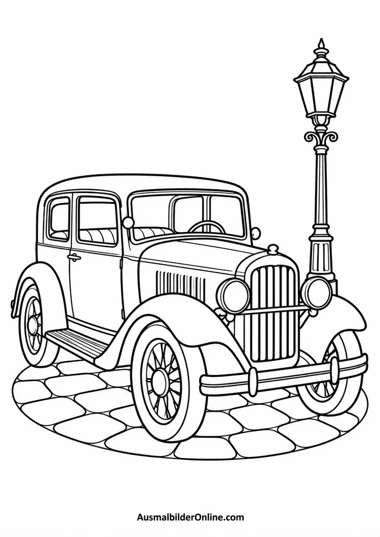 Ein Oldtimer mit runden Scheinwerfern steht auf einem gepflasterten Platz neben einer Straßenlaterne.