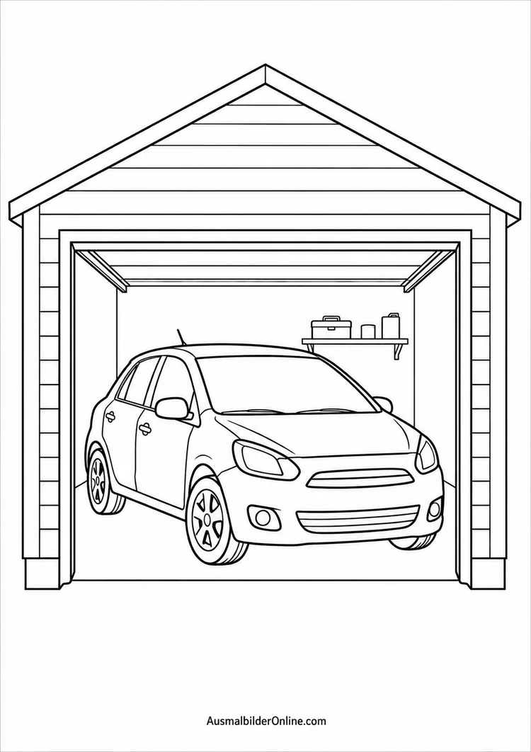 Ein Auto steht in einer offenen Garage mit einem Regal und einer Werkzeugkiste an der Rückwand.