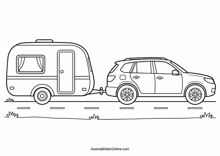 Ein Auto zieht einen Wohnwagen mit einem Fenster und einer Tür auf einer Straße.