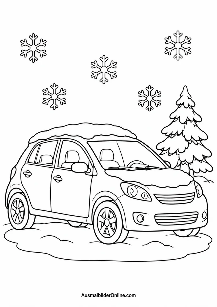 Ein Auto mit Schnee auf Dach und Motorhaube steht neben einer verschneiten Tanne unter Schneeflocken.