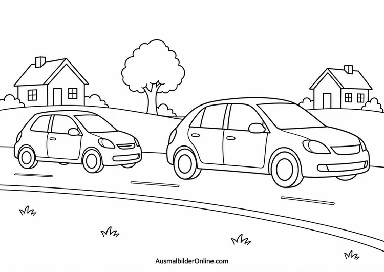 Zwei Autos fahren hintereinander auf einer ruhigen Stadtstraße zwischen Häusern und einem Baum.