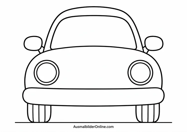 Ein einfaches Auto in Frontansicht mit großen runden Scheinwerfern, einer breiten Windschutzscheibe und zwei Rädern.