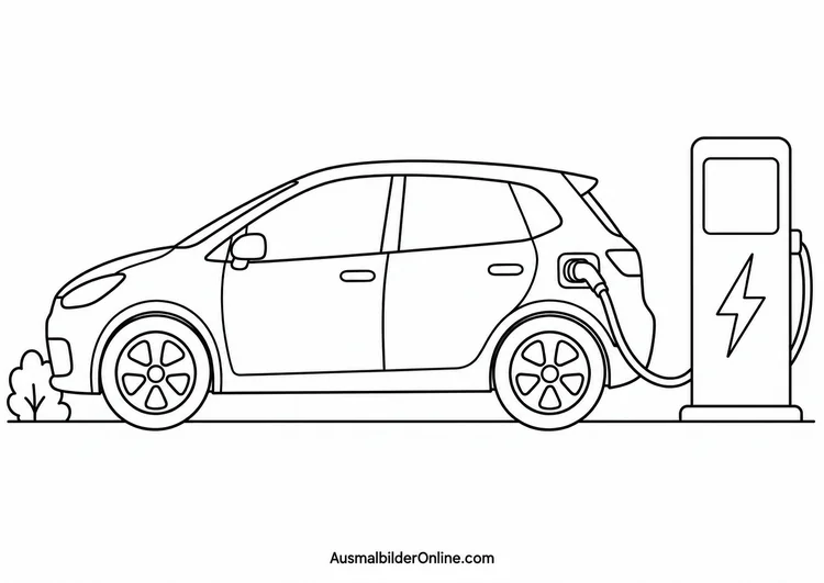 Ein Elektroauto steht mit angeschlossenem Ladekabel neben einer Ladestation mit Blitzsymbol.