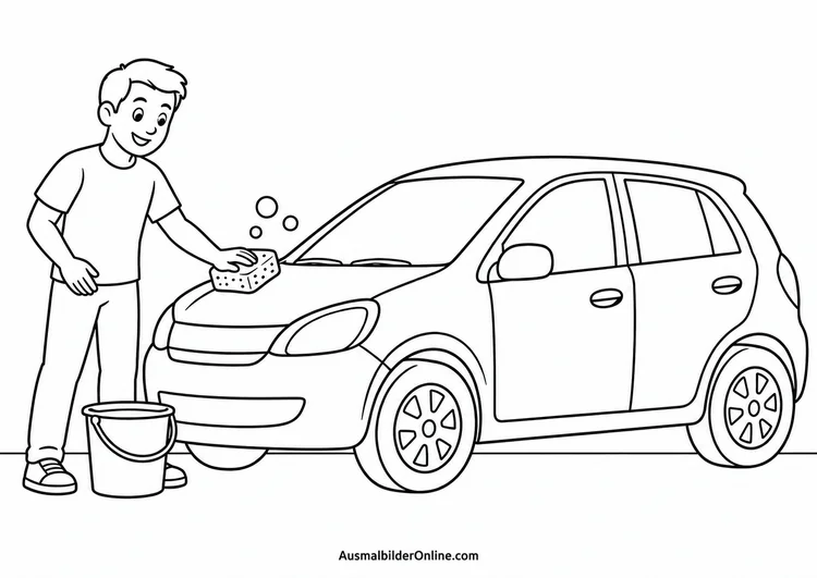 Ein Erwachsener wäscht die Motorhaube eines Autos mit einem Schwamm; daneben steht ein Eimer.