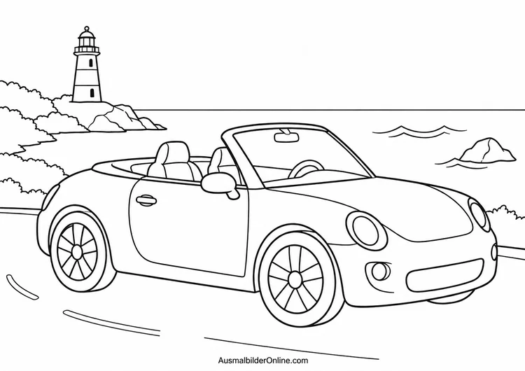 Ein offenes Cabrio steht an einer Küstenstraße mit Meer, Felsen und einem Leuchtturm im Hintergrund.