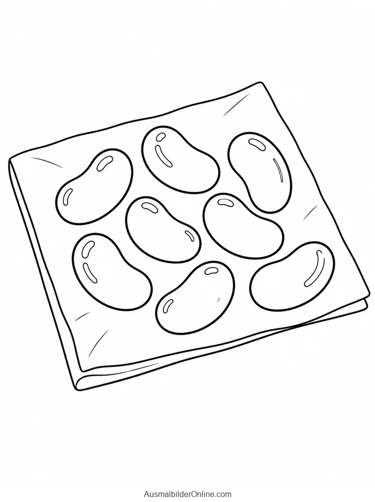 Mehrere bohnenförmige Bonbons liegen auf einem gefalteten Blatt Papier
