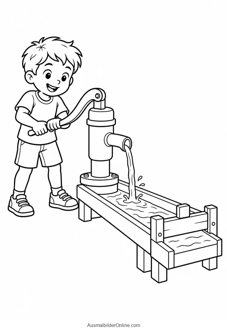 Ein Junge pumpt Wasser mit einer Handpumpe in eine Holzrinne