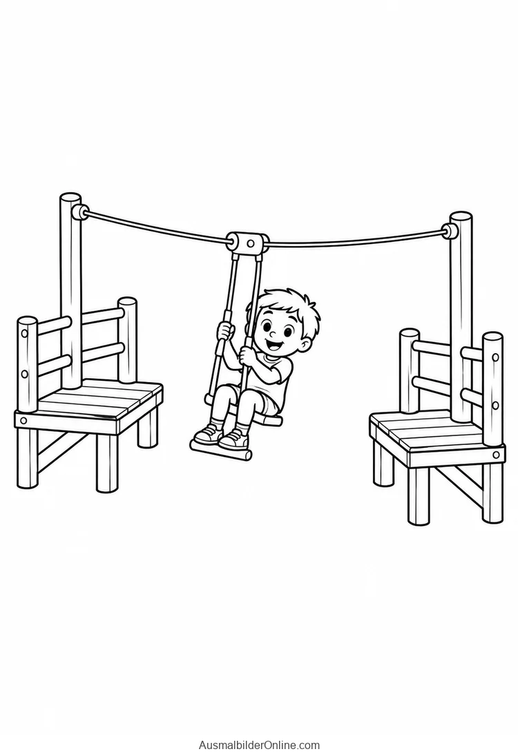 Ein Kind fährt sitzend mit einer Spielplatzseilbahn zwischen zwei Plattformen