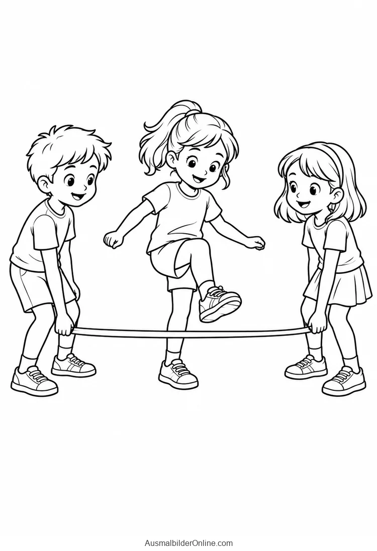 Drei Kinder spielen mit einem niedrig gehaltenen Seil