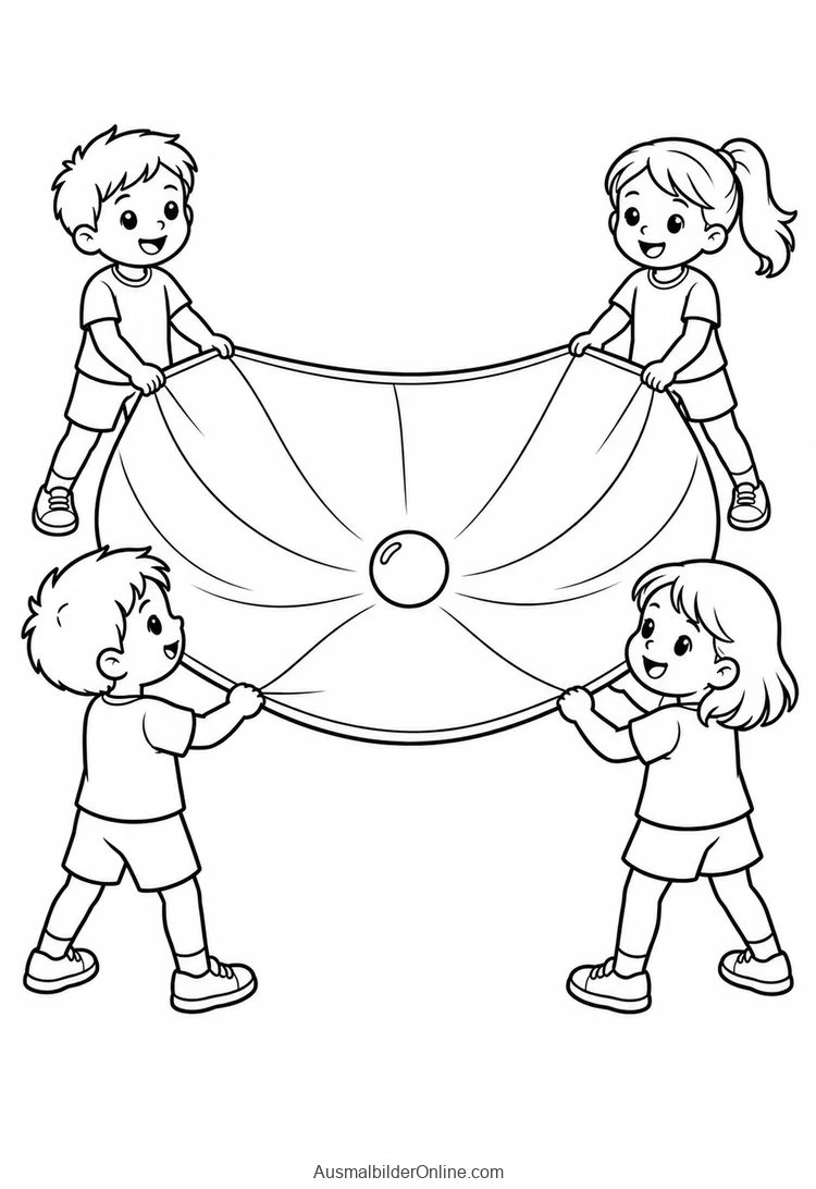 Vier Kinder halten ein Schwungtuch mit einem Ball in der Mitte
