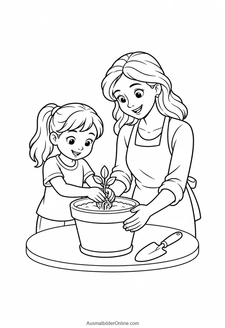Lehrerin und Mädchen setzen eine junge Pflanze in einen Blumentopf