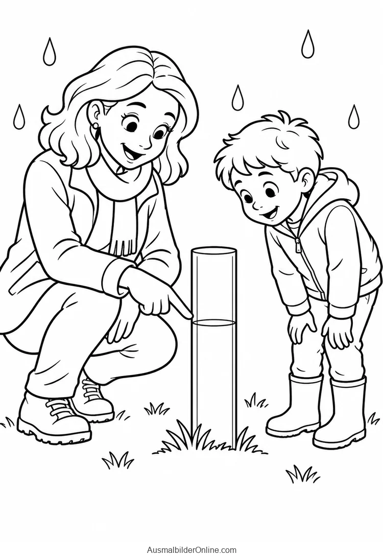 Lehrerin und Junge betrachten ein durchsichtiges Gefäß mit Wasser im Regen