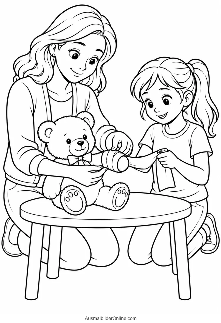 Lehrerin und Mädchen wickeln im Rollenspiel einen Verband um den Arm eines Teddybären