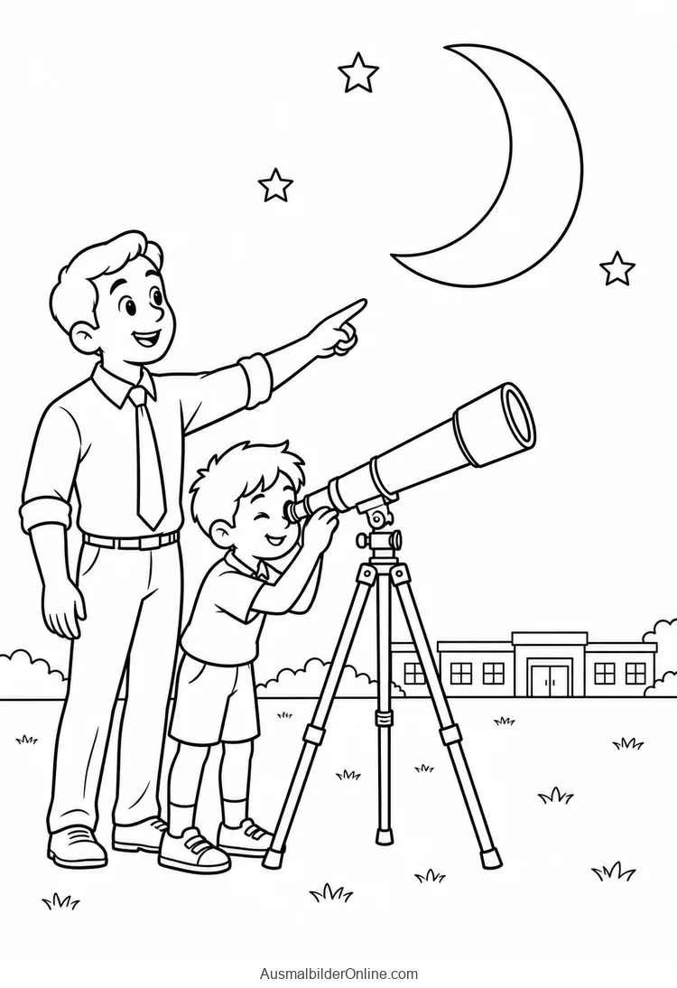 Lehrer und Junge beobachten mit einem Teleskop den Mond am Himmel