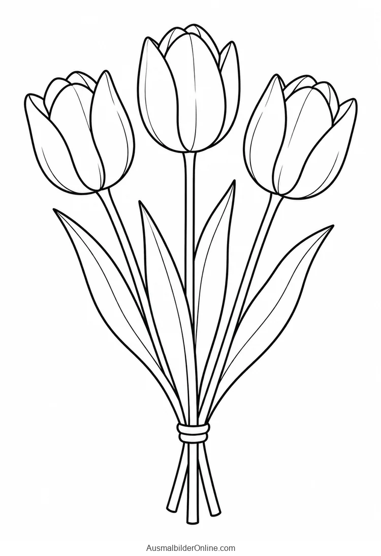 Drei Tulpen mit langen Blättern sind zu einem kleinen Strauß gebunden